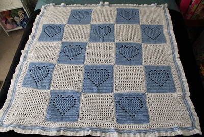 Baby Afghan Hand Crocheted BLUE HEARTS White Squares Blanket Ruffled Edge
