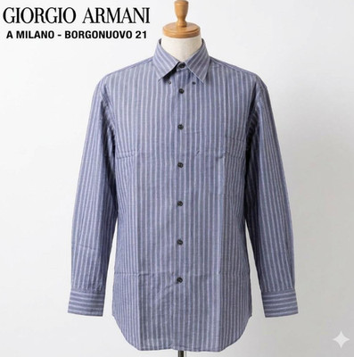 Giorgio Armani 90s Vintage Stripe Cotton Dress Shirt Gray Purple Italy 39 M