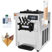 Commercial Ice Cream Machine, 18-28 L/H Yield, 1850W 3-Flavor Countertop Soft Se