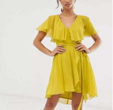 ASOS Women's Chartreuse Ruffle Faux Wrap Dress Size 6 Belted Chiffon