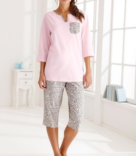Damen Capri Schlafanzug Nachtwäsche Jersey Rose/grau Gr. 44/46 Neu