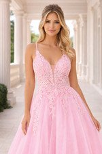 Long Pink Ball Gown Embroidered Beaded Lace V Neck Prom Dress Size 4