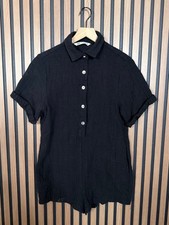 Zara One Piece XS Black Textured Henley Roll Tab Short Sleeve Pockets Romper