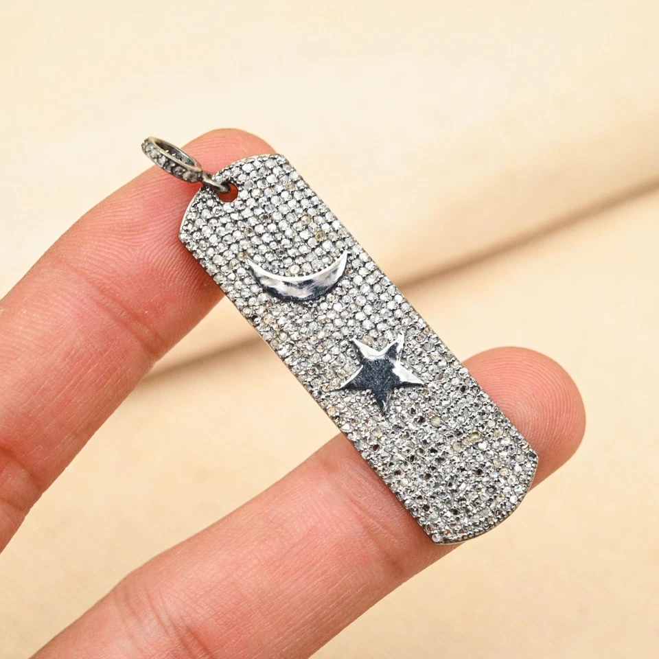 Colgante Pavé Diamante Plata de Ley 925 Forma Luna y Estrella Colgante Joyería Regalo Foto 3 de 4