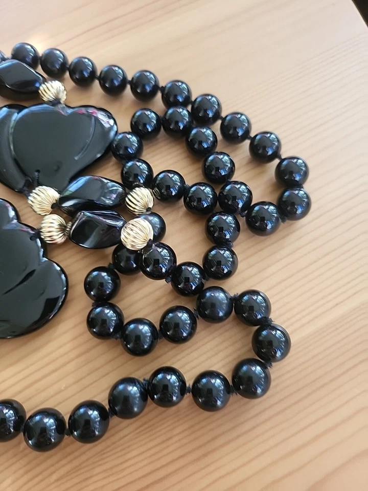 Collar Vintage Ónix Negro Doble Corazones Oro Amarillo 14K Cuentas Foto 4 de 4