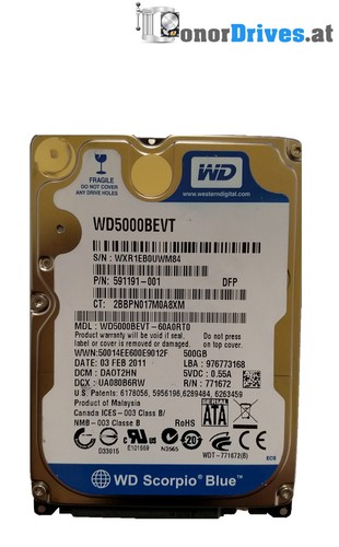 Western Digital WD5000BEVT-60A0RT0- 500GB - SATA - PCB 2060-771672-004 Rev. A*