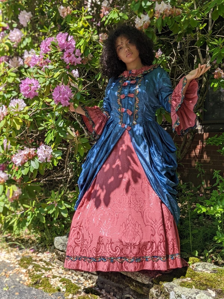 MOST BEAUTIFUL ANTIQUE BLUE SILK POLONAISE COSTUME DRESS IN 18TH C STYLE MOST BEAUTIFUL ANTIQUE BLUE SILK POLONAISE COSTUME DRESS IN 18TH C STYLE