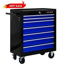 Black + Blue Tool Cart with Wheels, 7 Drawers Tool Storage Large Capacity