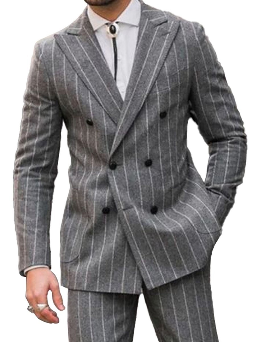 Autumn Woolen Men's Striped Suits Business Formal Double Breasted