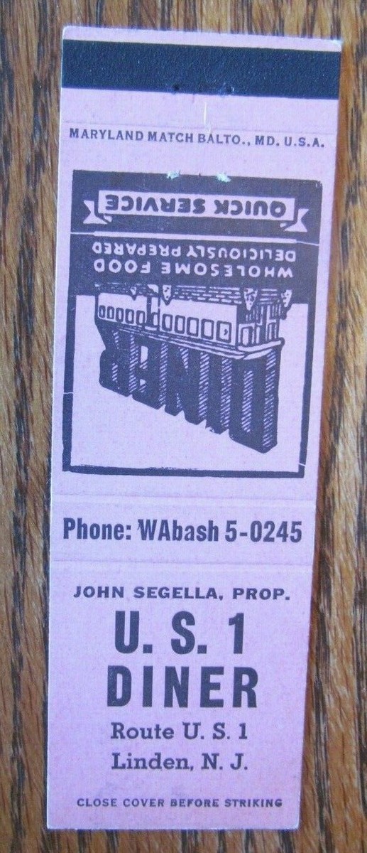 U.S. 1 DINER (LINDEN, NEW JERSEY) 1950s MATCHBOOK MATCHCOVER