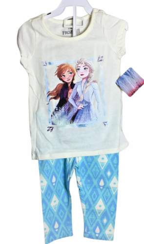 Disney Frozen 11 Anna Elsa 2-częściowa kremowa koszula z krótkim rękawem niebieskie legginsy - Zdjęcie 1 z 5