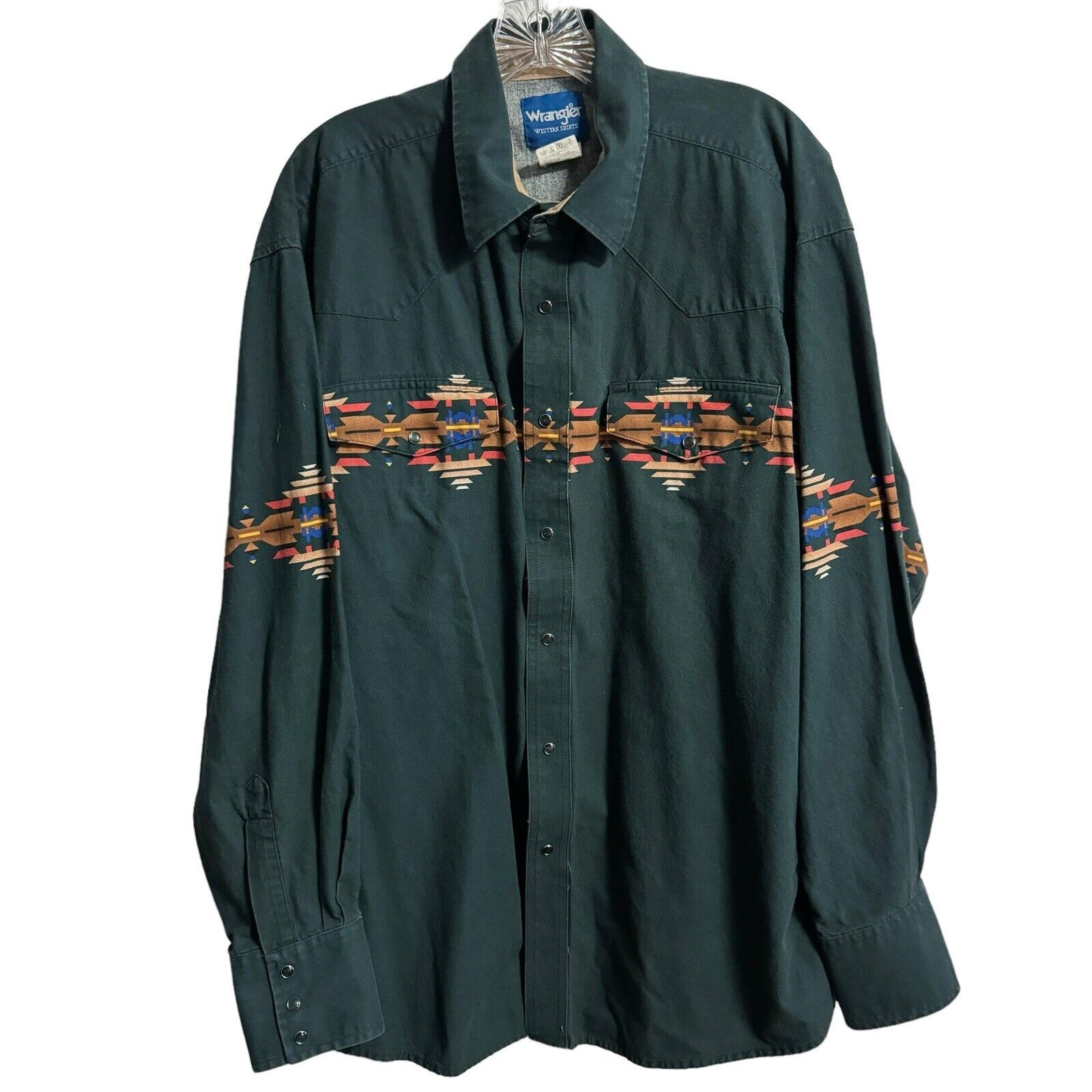 Vintage Wrangler Brush Popper Shirt  Green Aztec … - image 1