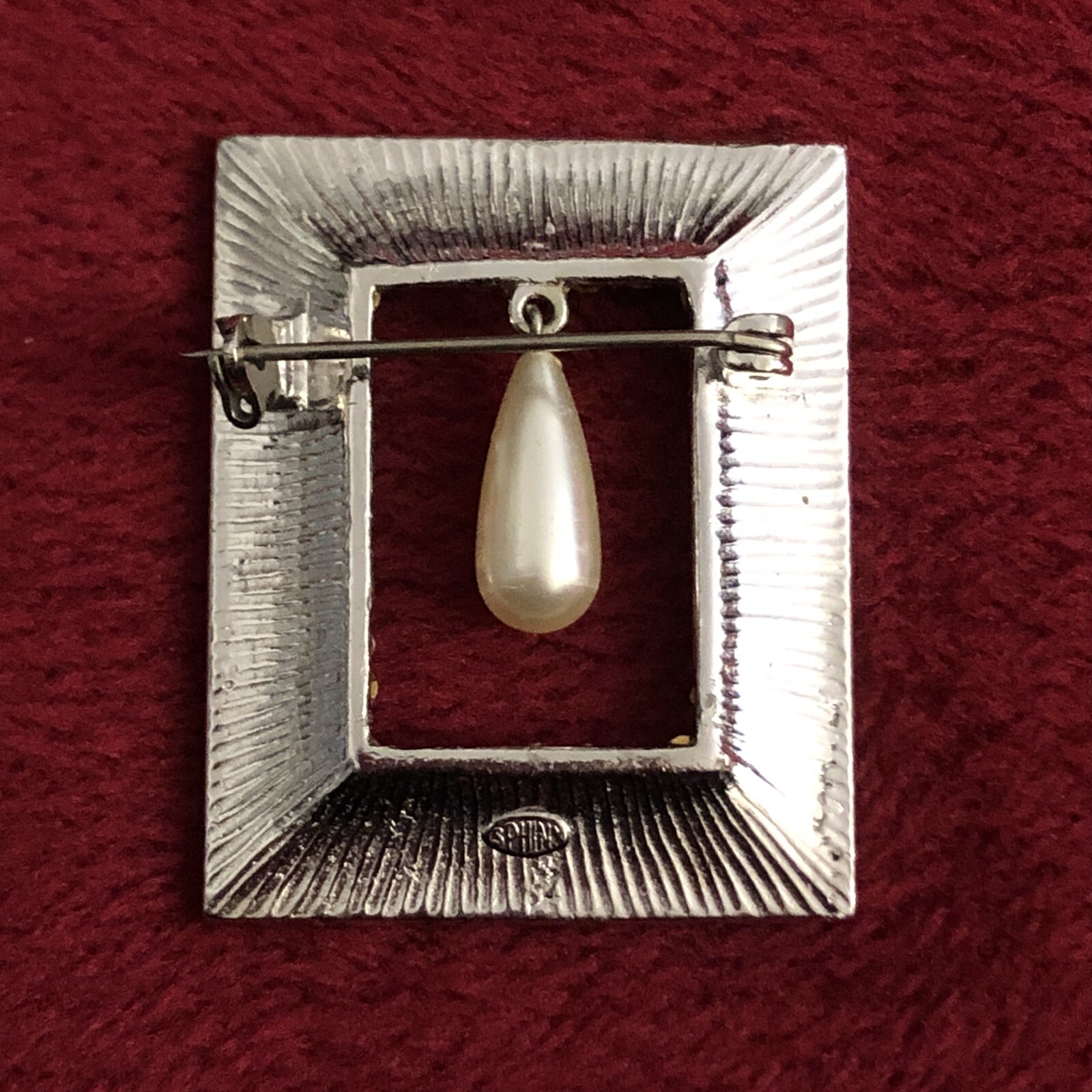 Signed Sphinx Rhinestone Frame Dangling Faux Pear… - image 2