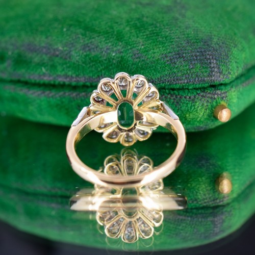 Emerald and Diamond Oval Cluster Halo 18ct Yellow Gold and Platinum Ring - Picture 7 of 9