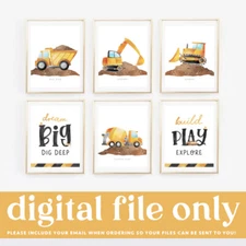 Printable Boy's Construction Theme Wall Art, Toddler Digger Truck Digital File