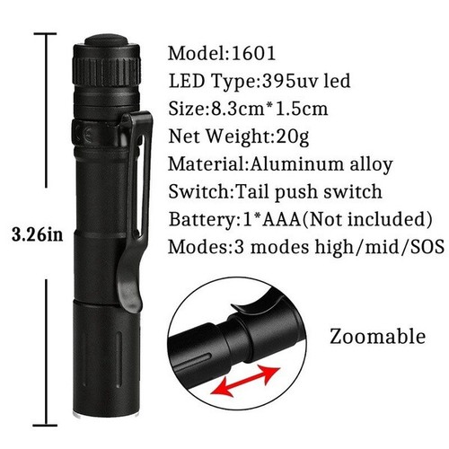 20000LM UV Linterna Mini Lápiz 395NM Ultravioleta 3Modos Antorcha Zoomable - Imagen 5 de 9