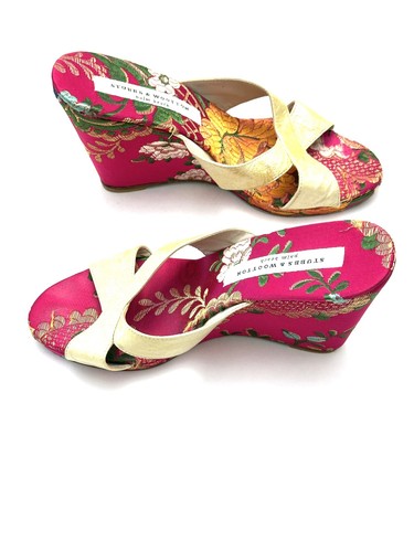 Stubbs & Wootton, Vintage White/Pink Embroidery Wedges, Size-8 - Picture 4 of 5