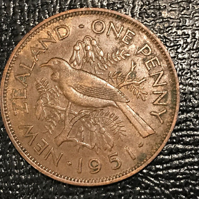 EXTRA FINE XF DETAILS 1951 NEW ZEALAND ONE PENNY COIN-TUI BIRD-MAR140