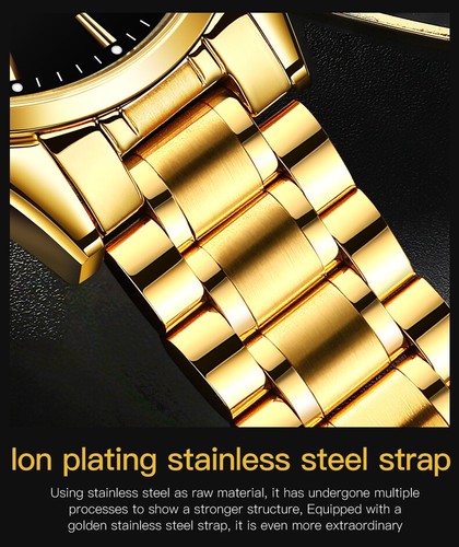 Men's Wrist Watch Steel Band Quartz Calendar Watch Waterproof Gold Black - Picture 9 of 17
