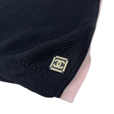 CHANEL Vintage 03P CC Logo Mesh Knit Tank Top #38 Black Pink