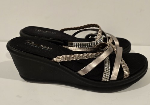 Skechers Memory Foam Wedge Heel Rhinestone Silver Womens Sandals Size 10 - Picture 3 of 12