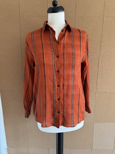 Ba&Sh Shirt Size XS UK 8 Orange Black Striped Long Sleeve Boho Relaxed Cotton - Picture 13 of 18
