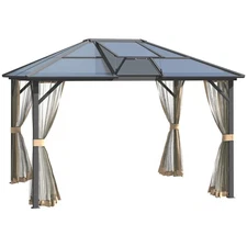 12' x 10' Hardtop Gazebo Aluminum Frame Pergola with Netting and Window, Grey