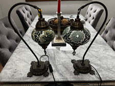 Pair Green Mosaic Glass Table Lamps Moroccan Antique Bronze Stands Switch