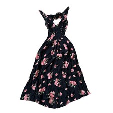 Reformation Black Pink Floral Cutout Midi Dress V-Neck Plunging Tie Open Back 0