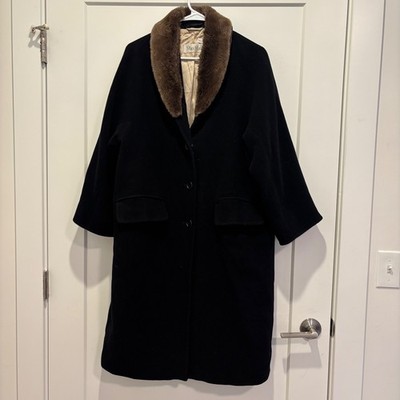 VTG Max Mara Black Wool Coat Faux Fur Collar Made in Italy Long Overcoat Women 6