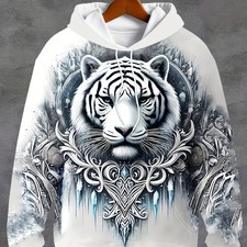 Men's 3D Ice and Snow World White Tiger Pattern Hoodie - Long Sleeve Casual