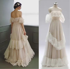 Off Shoulder Polka Dots Wedding Dress Tiered Lace Ruffle Victorian Rustic