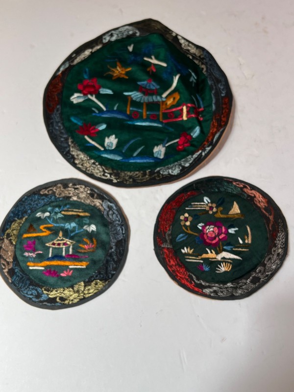 3 Antique Chinese embroidered silk panels or rank badges Qing largest 10” SUPER