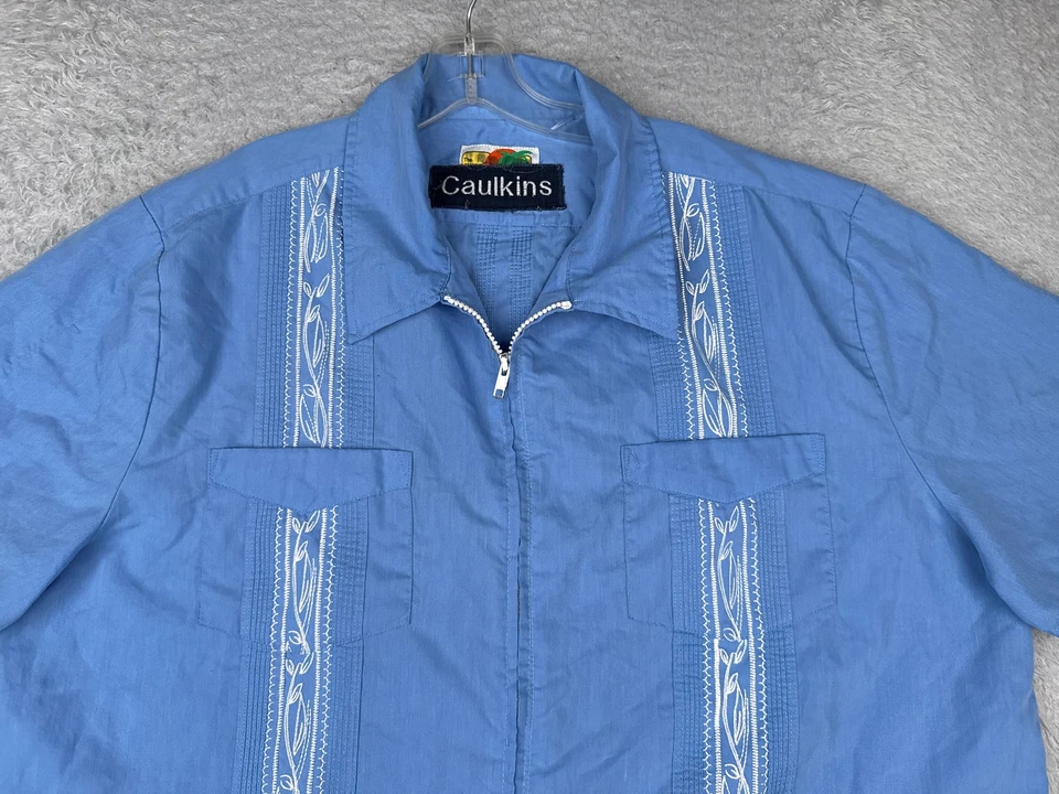正品 Haband Guayabera 衬衫男式 2XL XXL 蓝色纽扣 4 口袋 Poly Blen — 第 4/4 张图片
