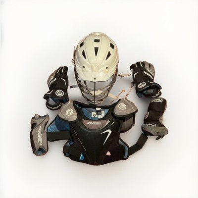 Maverik boys  Lacrosse Chest Pad Medium Black/Gray/Blue pads, gloves, and helmet