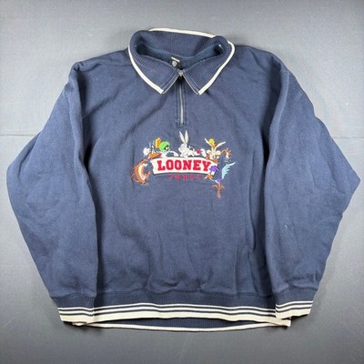 VTG Warner Bros Looney Tunes 1/4 Zip Sweatshirt Large Blue Embroidered Character