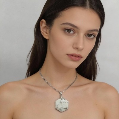 Howlite Pendant, White Veined Geometric Necklace With Silver Bail And Chain