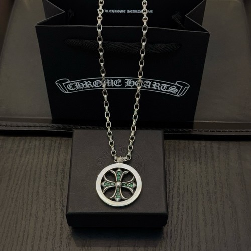 Chrome Hearts Silver Cross Pendant Necklace with Emeralds