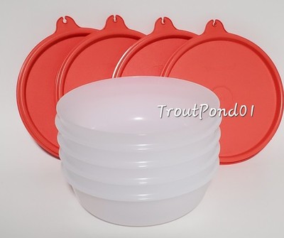 Tupperware Deluxe Modular Bowls 1 1/4 c Sm Cereal Leftovers Set 4 Sheer w/ Guava