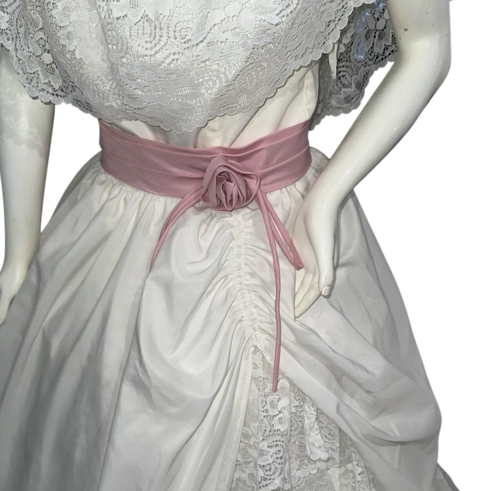 Vintage 70’s Prom Dress With Petticoat Lace White Pink Ribbon Southern Belle S/M - Image 3 of 4