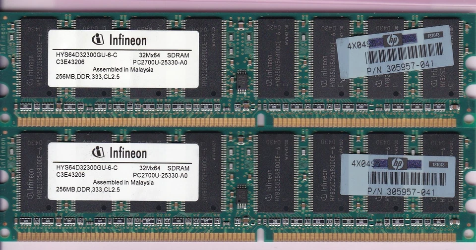 512MB 2x256MB PC2700 INFINEON HYS64D32300GU-6-C HP 305957-041 DDR-333 DDR1 Kit - Image 2 of 3