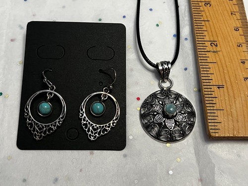 Turquoise 925 Silver Gemstone Pendant With Fashion Earrings - Picture 3 of 11