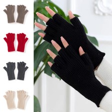Solid Color Knit Cashmere Gloves with Half Finger Design for Women's Daily Use