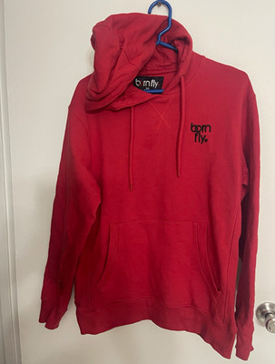 Born Fly Red Pullover Hoodie Embroidered Logo Drawstring Pockets Men s L