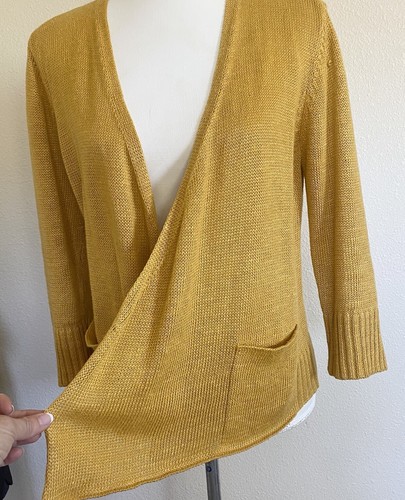 Eileen Fisher Sweater Womens XS Yellow Mustard Open Front Hemp Cardigan 3/4 Read - 第 4/12 張圖片