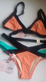 AGENT PROVOCATEUR BLACK/PEACH/GREEN MAZZY BIKINI BRA & BRIEF 3 MEDIUM UK 10 BNWT