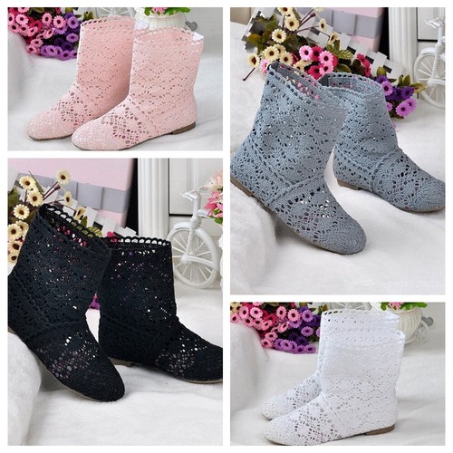 Womens Knitted Cut Out Ankle Boots Mesh 