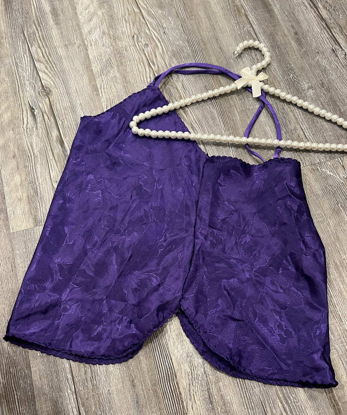 VTG Made In USA Woman’s Purple Floral Silky Satin Waved Trimmed Cami Lingerie L