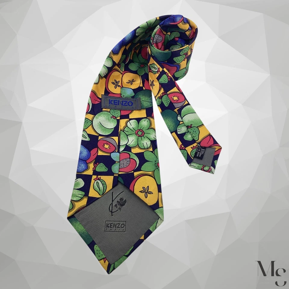 Corbata de seda multicolor KENZO PARIS flor y fruta hecha en Italia con: 4" EX ESTADO Foto 2 de 4
