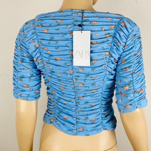 Zara Cute Summer Blue Floral Print Flattering Women's L Ruched Short Sleeve Top - Picture 4 of 7